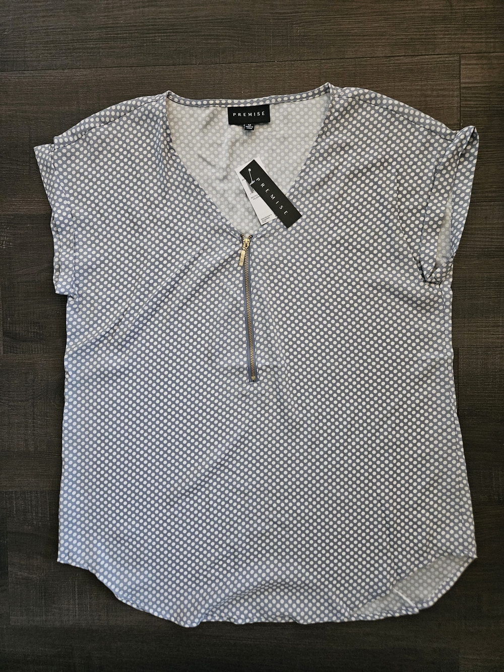 Premise Light Gray Dot Zip-Front V-Neck Blouse